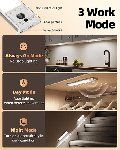 EZVALO 14.5inch Under Cabinet Lighting, LED Motion Sensor Light Indoor, 3500mAh USB Rechargeable Closet Lights, Dimmable & Magnetic Wireless Under Counter Lights for Kitchen, Pantry, Stairs (2 Pack)
