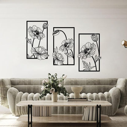 Resama 3 Pcs Black Metal Flowers Wall Decor, Minimalist Abstract Wall Art Modern Floral Line Wall Sculpture Hanging for Bedroom Bathroom Kitchen