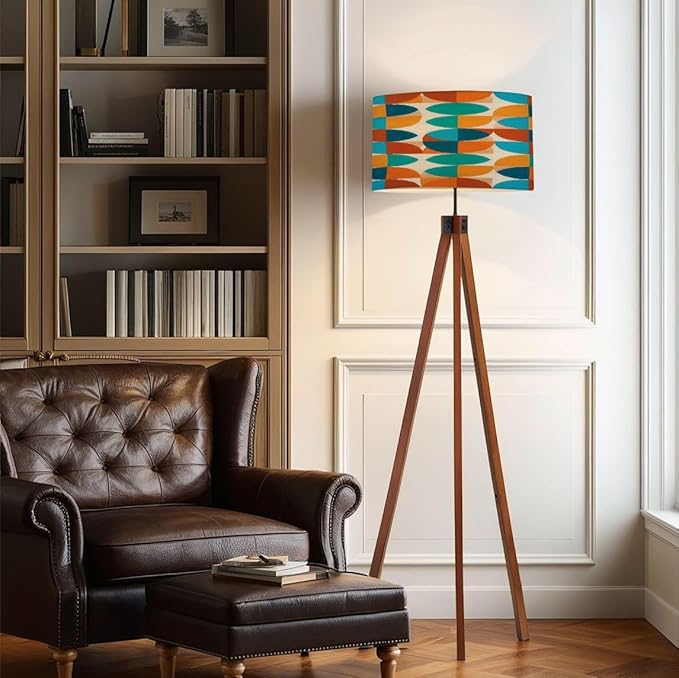 Wood Tripod Floor Lamp Abstract Geometric Blue Orange Colors Mid Century Mid Century Standing Lamp Linen Shade Dimmable Modern Tall lamp Home Decor for Living Room Bedroom Office