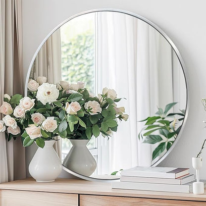 Silver Round Mirror, Circle Mirror 30 inch, Round Wall Mirrors Metal Frame, Circle Mirrors for Bathroom, Living Room, Hallway, Vanity, Over Sink
