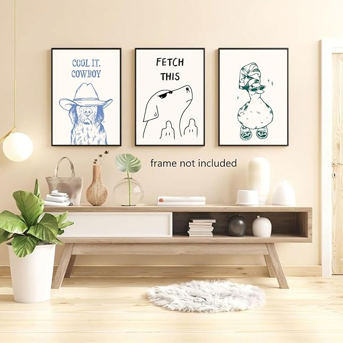 Funny Animal Bathroom Wall Art Set of 3, Cute Funky Dog and Duck Canvas Prints Posters, Simple Fashion Modern Farmhouse Animals Picture for Kids Room Dorm Living Room Wall Decor 16x24 Inch Unframed