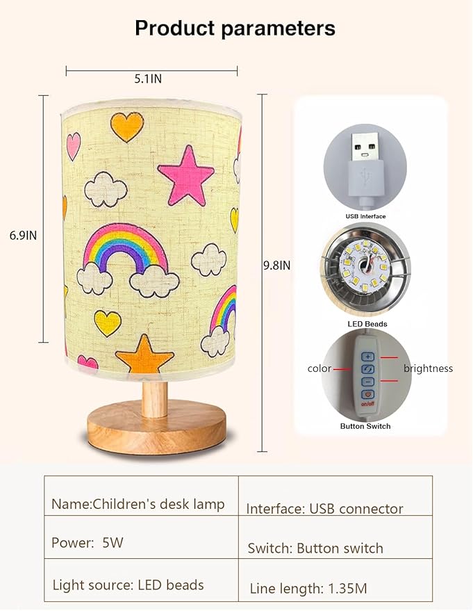 Rainbow Lamp, Rainbow Lamp for Girls Room, 3 Color Changing LED Night Light with 9 Brightness Levels Wood Nightstand Desk Base Flaxen Fabric Shade for Bedroom Living Room (Rainbows Clouds)