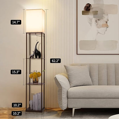 Gupuzm Floor Lamp with Shelves, Modern Square Standing Lamp with 3 Color Temperature Bulb, Corner Display Bookshelf Lamp for Living Room, Bedroom and Office(Brown-2 Pack)