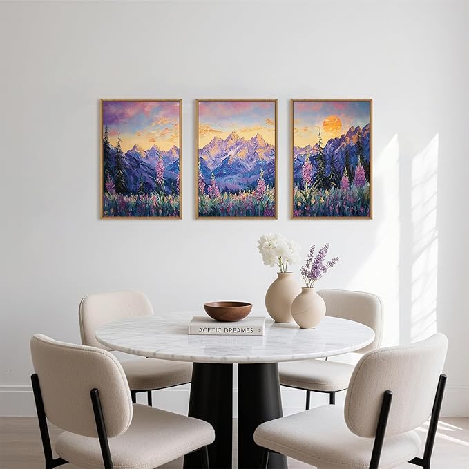 HOURIA Vintage Purple Mountain Landscape Framed Canvas Wall Art Set,Watercolor Boho Floral Tree Wall Decor,Modern Natural Soft Sunlight Field Artwork for Living Room, Bedroom,Farmhouse-24 x36 x3