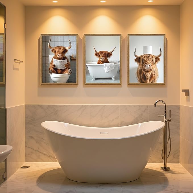 FYLDPSB 3Pcs Framed Highland Cow Bathroom Canvas Wall Art, Funny Bathroom Signs Animal Wall Decor, Rustic Cute Bathroom Poster Prints for Bathroom Restroom Decor 24''L x 16''W