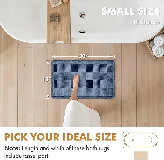 MIULEE Set of 2 Waffle Bathroom Rugs, Boho Bath Rugs Non Slip Washable, Super Absorbent Bath Mats, Ultra Soft Rubber Backed Shower Mats for Bathroom Floor, Tub and Shower, Blue, 18x30 Inch
