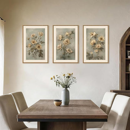 KAIRNE Vintage Botanical Flower Framed Canvas Wall Art Set,Boho Green Beige Floral Wall Decor,Rustic Wildflower Art Prints,Modern Minimalist Artwork for Living Room,Bedroom,Farmhouse,Office-16 x24 x3