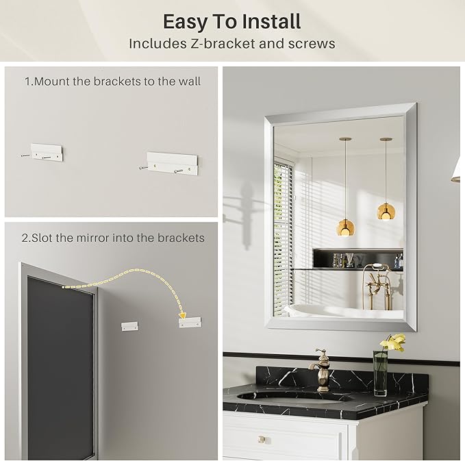 24x30 Inch Brushed Silver Bathroom Mirror for Wall, Thick Metal Framed Rectangle Mirrors for Over Sink, Bedroom, Living Room, Entryway, Anti-Rust, HD Tempered Glass