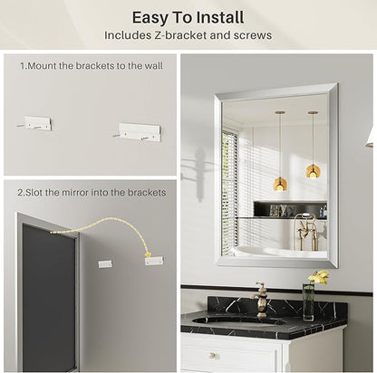24x36 Inch Brushed Silver Bathroom Mirror for Wall, Thick Metal Framed Rectangle Mirrors for Over Sink, Bedroom, Living Room, Entryway, Anti-Rust, HD Tempered Glass