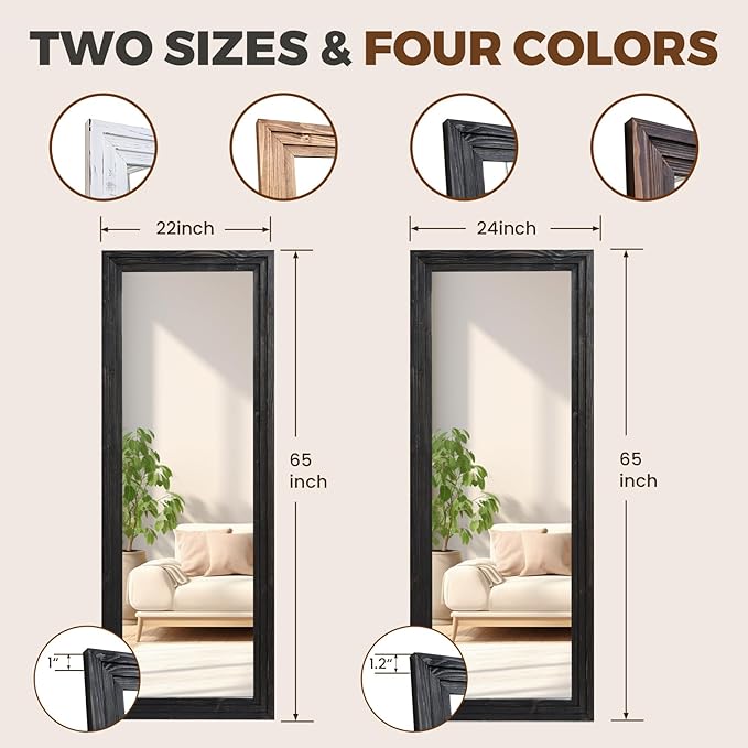 65"x24" Full Length Mirror Solid Wood Frame Floor Mirror for Living Room, Bedroom Hanging or Leaning, Black