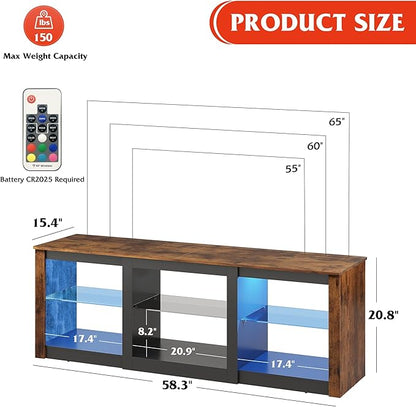 WLIVE RGB LED TV Stand for 65-Inch TV, 58-Inch Entertainment Center with Adjustable Glass Shelves, Modern Media Console for Living Room & Bedroom, Rustic Brown