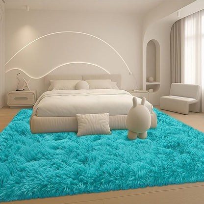Teal Blue Plush Rug 9x12, Fluffy Shag Carpet Non-Slip, Area Rug for Living Room Bedroom, Modern Soft Rug for Kids Dorm, Hypoallergenic Easy-Clean