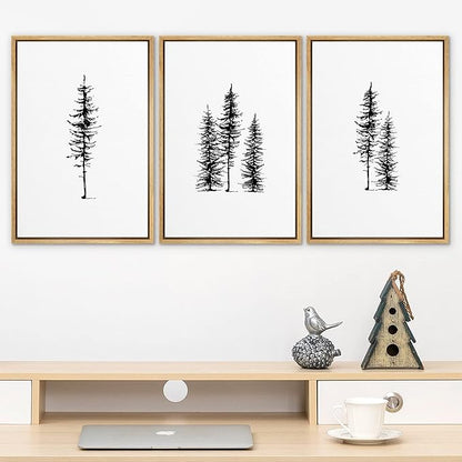 SIGNLEADER Framed Canvas Print Wall Art Three Pine Tree Portraits Nature Flower Drawings Modern Art Zen Scenic Relax/Calm Black and White for Living Room, Bedroom, Office - 16"x24"x3 NATURAL