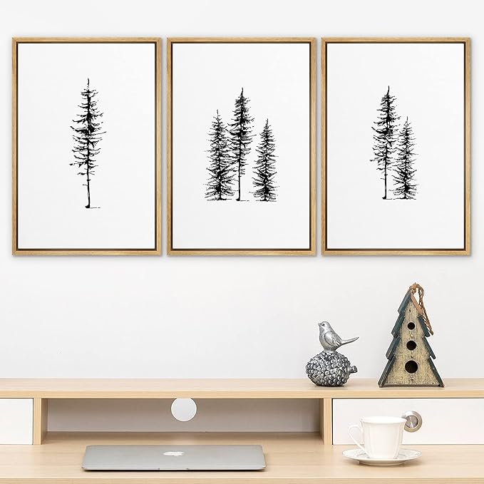 SIGNLEADER Framed Canvas Print Wall Art Three Pine Tree Portraits Nature Flower Drawings Modern Art Zen Scenic Relax/Calm Black and White for Living Room, Bedroom, Office - 24"x36"x3 NATURAL