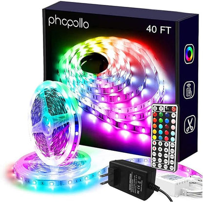 phopollo Led Lights 40ft (2 Rolls of 20ft) for Bedroom RGB Color Changing Led Lights Kit with Power Supply and Remote