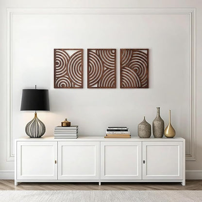 qmmp Modern Wooden Wall Sculptures - Set of 3 - Home Decor Accent - Large Wall Art for Living Room, Bedroom, Office - Easy Installation (Walnut, Large - Orbit)