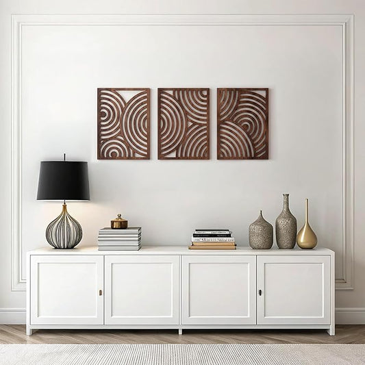 qmmp Modern Wooden Wall Sculptures - Set of 3 - Home Decor Accent - Large Wall Art for Living Room, Bedroom, Office - Easy Installation (Walnut, Large - Orbit)