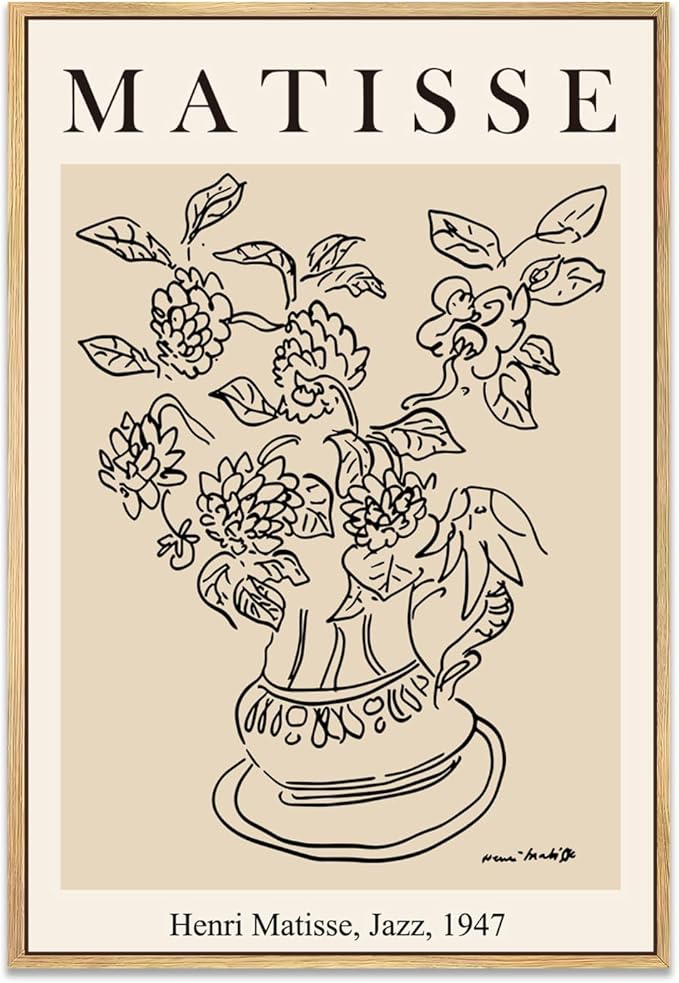 Zzuyi Henri Matisse Framed Wall Art,Flower Abstract Minimalist Black and Beige Vintage Canvas Painting,Boho Flower Art Prints-16''x24''Natural Framed