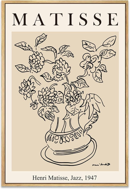 Zzuyi Henri Matisse Framed Wall Art,Flower Abstract Minimalist Black and Beige Vintage Canvas Painting,Boho Flower Art Prints-16''x24''Natural Framed