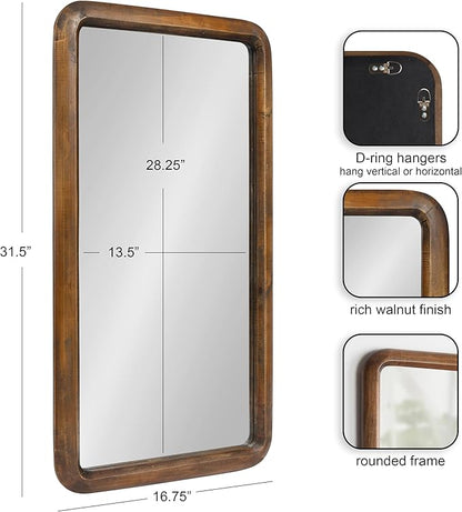 Kate and Laurel Pao Modern Rounded Rectangular Wall Mirror, 17 x 32, Walnut, Decorative Mid-Century Tall Wood Mirror with Radius Corners for Vertical or Horizontal Display