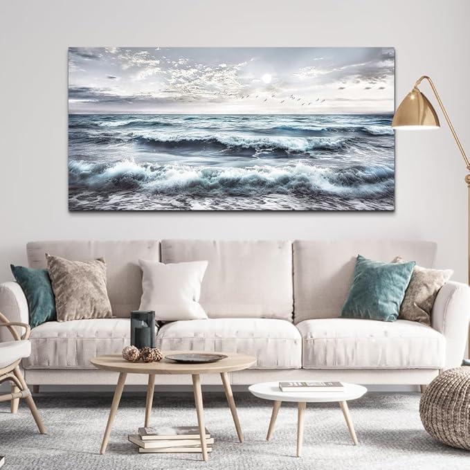 QIYILEXWART Canvas Wall Art For Living Room Large Wall Decor For Office Bedroom Decorations Watercolour Wall Pictures Ocean Waves Painting Artwork Room Ready To Hang