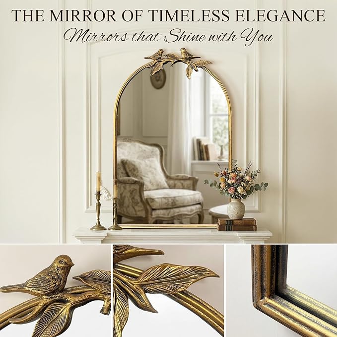 Gold Baroque Vintage Mirror for Vanity 24x35Inch Gold Antique with Ornate Frame, Arched Vintage Wall for Bathroom, Living Room, Fireplace, Entryway