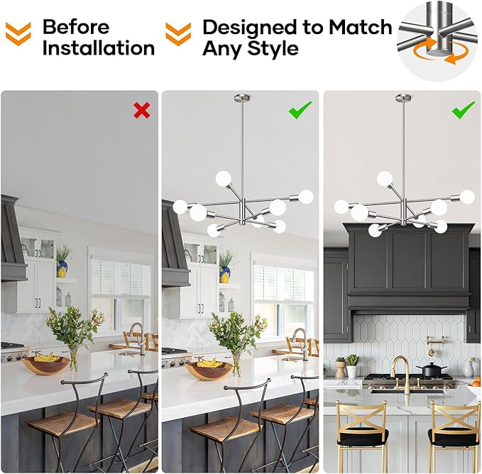 10.9"-52.3" Height Adjustable Sputnik Chandeliers Dining Room Light Fixture (8-Light, 30-Inch), Modern Brushed Nickel Chandelier, Mid Century Modern Chandeliers for Dining Room (Bulbs Not Included)