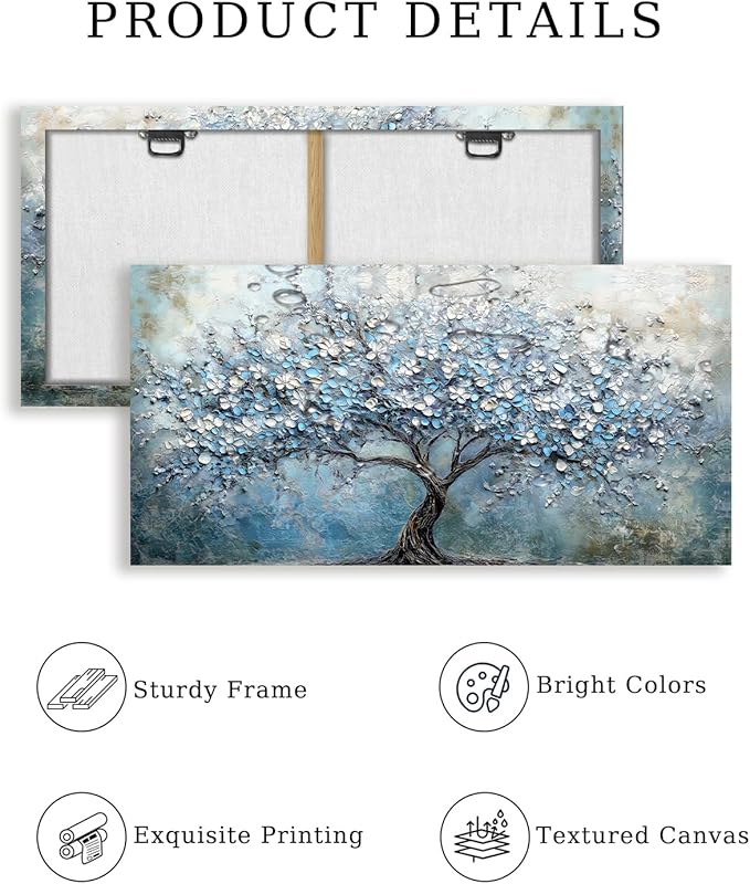 crmotu Tree of Life Large Wall Art, Cherry Blossom Abstract Canvas Painting, Blue Flowers Tree Art Prints, Modern Neutral Aesthetic Pictures Wall Decor Living Room Bedroom Bathroom Office 20"X40"