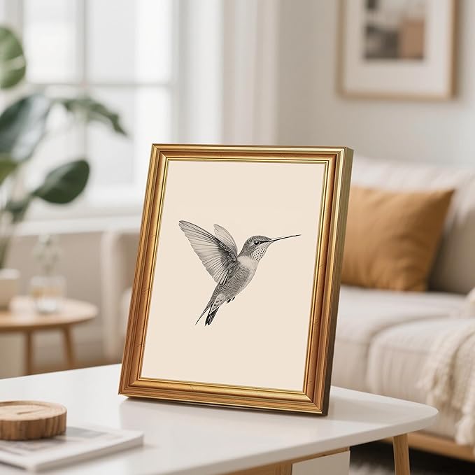 JLTULT Gold Framed Hummingbird Wall Art, Vintage Black White Sketch Wall Decor, Hummingbird Illustration Art Prints for Living Room Bedroom Office 8x10 Inches with Fade-Resistant Easy to Hang