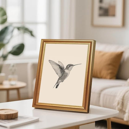 JLTULT Gold Framed Hummingbird Wall Art, Vintage Black White Sketch Wall Decor, Hummingbird Illustration Art Prints for Living Room Bedroom Office 8x10 Inches with Fade-Resistant Easy to Hang