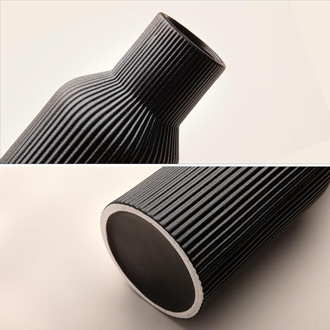 Black Ceramic Tall Vase,Modern Smooth Vertical Ribbed, Nordic Minimalist for Pampas, Dried & Fresh Flowers, Home Decor for Living Room, Coffee Table, Bookshelf, Entryway, Farmhouse