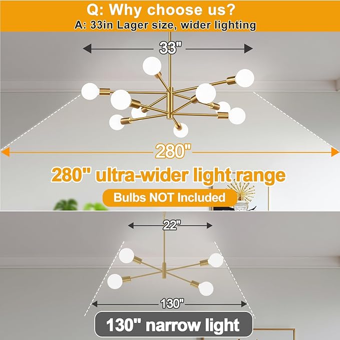 10.9"-52.3" Height Adjustable Sputnik Chandeliers Dining Room Light Fixture (10-Light, 32-Inch), Modern Brushed Gold Chandelier, Mid Century Modern Chandeliers for Bedroom Kitchen (Bulbs Not Included)