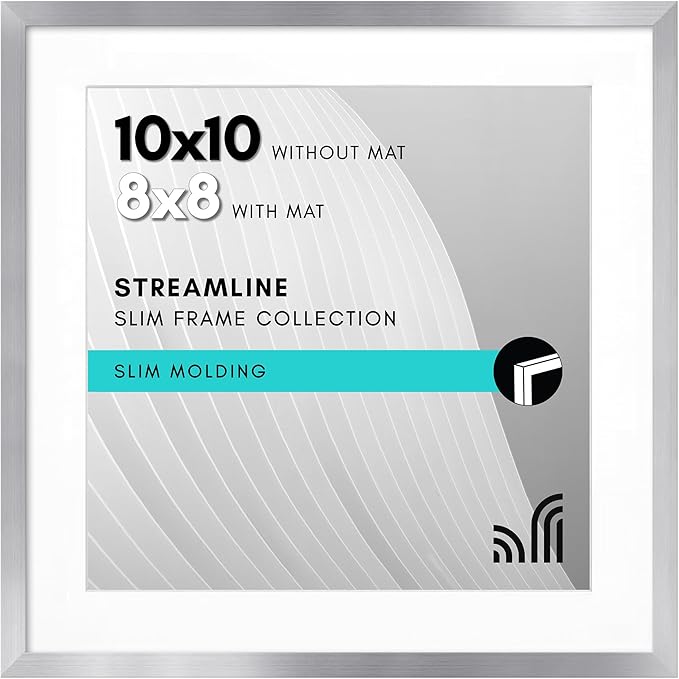 Americanflat 10x10 Picture Frame with Shatter-Resistant Glass - Use as 8x8 Frame with Mat or Display 10x10 Photo Without Mat - Streamline Collection - Square Frames for Tabletop or Wall - Silver