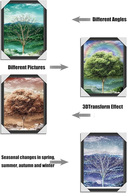 Four Seasons Tree 3D Poster Wall Art Decor Print ，Beautiful Nature Scene of Changing Four Seasons Spring Summer Fall Winter Scenery Mural，Optical Illusion Flipping Images and Holographic Pictures