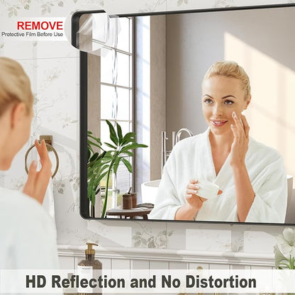 40x30 Inch Black Framed Bathroom Mirror for Wall, Matte Metal Framed Wall Mirror, Rounded Rectangle Bathroom Vanity Mirror, Tempered Glass, Anti-Rust, Shatterproof (Horizontal/Vertical)