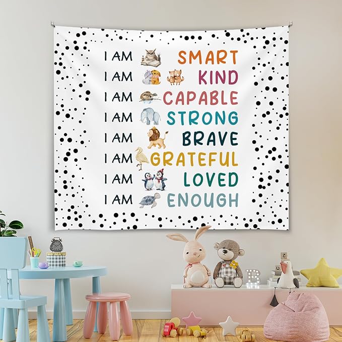 Soft Flannel Wall Tapestry – I Am Kind,I Am Smart Inspirational Tapestry,Cute Animal Patterns Wall Hanging Decor for Bedroom Living Room Kids Room Decor,Birthday Party Wall Art Decoration 59x51 inch(Colorful-I am smart)