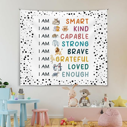 Soft Flannel Wall Tapestry – I Am Kind,I Am Smart Inspirational Tapestry,Cute Animal Patterns Wall Hanging Decor for Bedroom Living Room Kids Room Decor,Birthday Party Wall Art Decoration 59x51 inch(Colorful-I am smart)