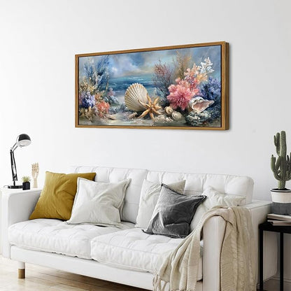 Framed Beach Seashell Bathroom Wall Art Coastal Starfish Pictures Wall Decor Modern Seascape Home Decor Blue Ocean Landscape Painting Prints Nautical Artwork for Bedroom Living Room Decoration 24x48