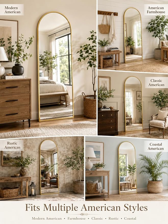 Full Length Mirror, 71"x27" Arched Floor Mirror Freestanding, Floor Standing Full Body Mirror with Stand for Bedroom, Hanging Mounted for Living Room Cloakroom, Gold