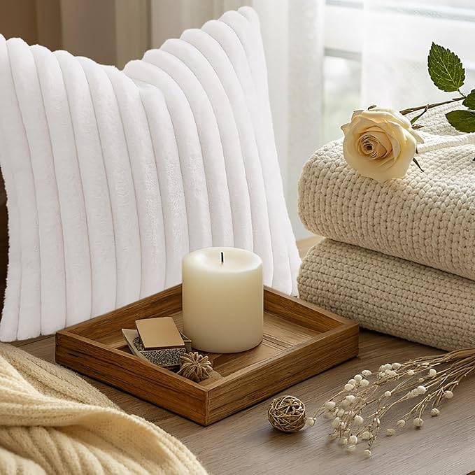 decorUhome Summer Cozy Faux Fur Throw Pillow Covers 20x20 Set of 2 Decorative Soft Plush Striped Modern Farmhouse Boho Couch Pillow Cases with Velvet Back for Sofa Bed Living Room, White