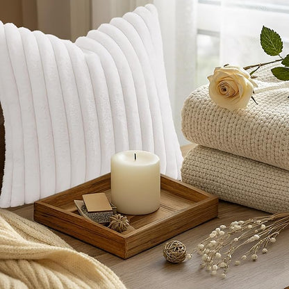 decorUhome Summer Cozy Faux Fur Throw Pillow Covers 24x24 Set of 2 Decorative Soft Plush Striped Modern Farmhouse Boho Couch Euro Sham Pillow Cases with Velvet Back for Sofa Bed Living Room, White