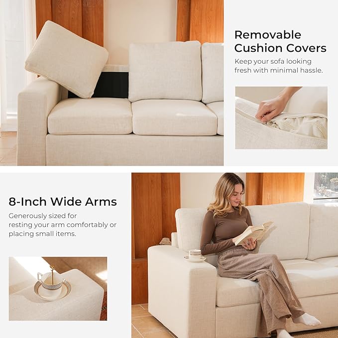 ELUCHANG 113" V-Shaped Modular Sectional Sofa Couch, Modern 4-Seat Comfy Linen Deep Seat Sofa with Corner, Removable Cover, Easy Assembly, Large Sofas & Couches for Living Room, Office, Beige