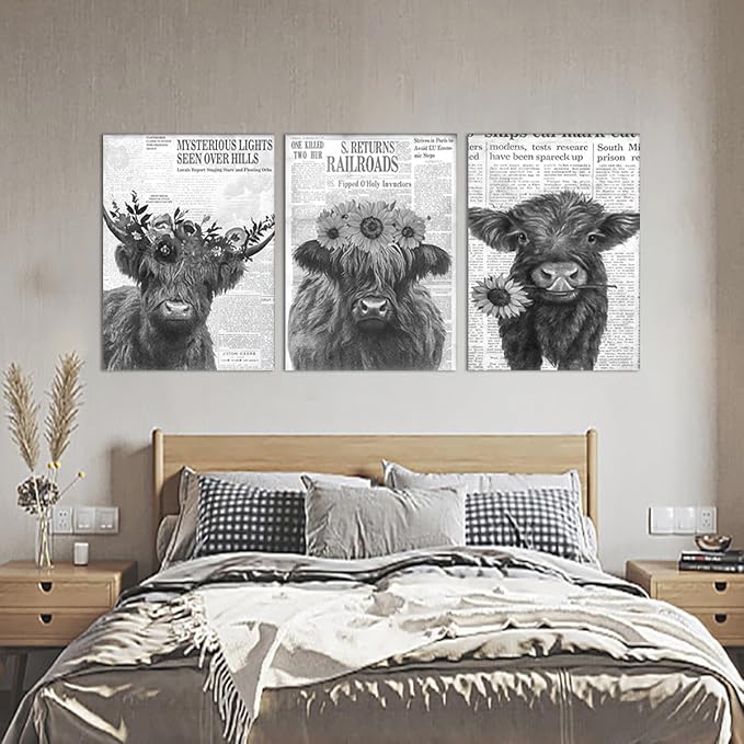 Newspaper Cow Canvas Wall Art Black and White Retro Highland Cow Picture for Bathroom Wall Decor Funny Floral Animal Print Artwork for Country House Living Room Bedroom Decoration 20x28inchx3pcs