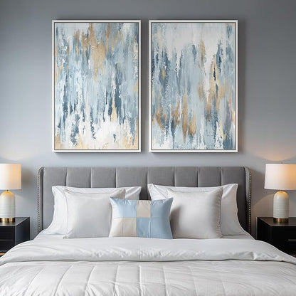 Large White Framed Blue and Gold Abstract Canvas Wall Art for Living Room, 2 Piece Modern Minimalist Prints Paintings Artwork for Walls, Glitter Pictures for Hallway Dining Bedroom Wall Decor 24x36 In