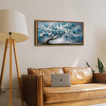 Blue Tree of Life Wall Art Framed Bedroom Decor Abstract White Daisy Flower Picture for Living Room Colorful Botanical Canvas Print Nature Floral Painting Modern Artwork Bathroom Home Decoration 20x40