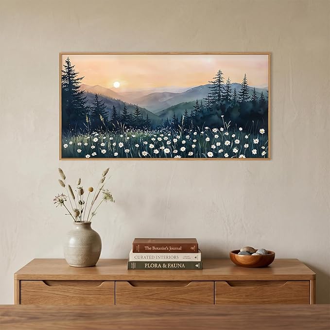 KAIRNE Mountain Floral Landscape Framed Canvas Wall Art Set,Watercolor Forest Wall Decor,Misty Pine Tree Art Prints,Nature Sunset Scenery Artwork for Living Room,Bedroom,Farmhouse,Office-40 x20 x1
