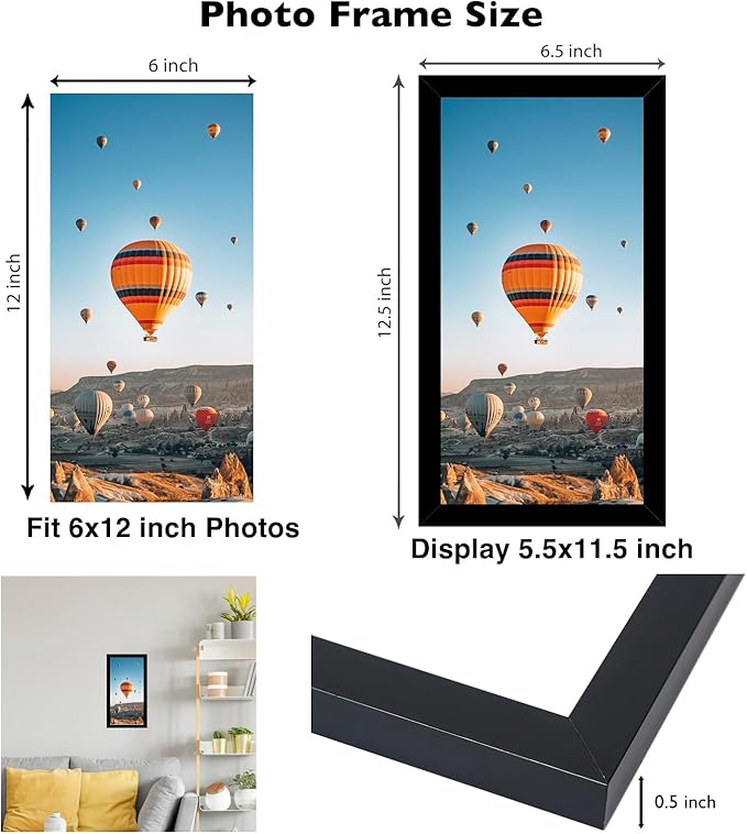 JCJMY 6x12 Black Picture Frame Set of 6, Horizontal and Vertical Formats for Wall Hanging, 6 x 12 Wall Gallery Poster Photo Frames with Shatter Resistant Plexiglass, 6 Pack, Black