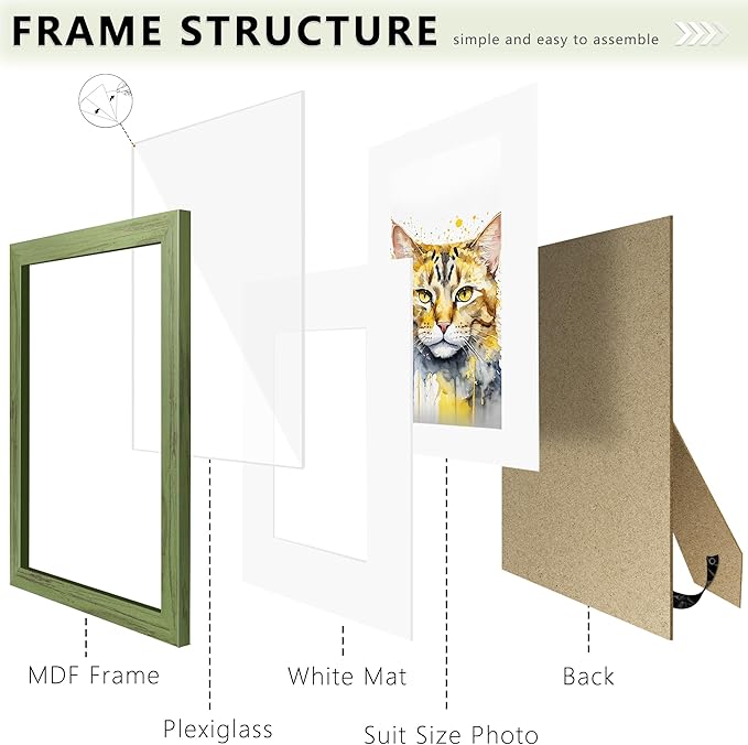 Picrit 11x14 Picture Frame Set of 12, Display 8x10 with Mat or 11x14 without Mat, Photo Frames for Wall Mounting or Table Top Display, Green Wood Grain