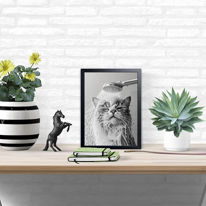 XYHYRA Cute Cat Bathroom Decor Funny Animal Bathroom Wall Art Cat Bathing Wall Decor Poster Painting Black and White Canvas Print Artwork Modern Farmhouse Restroom Home Decoration 8x10 Inch Wood Framed