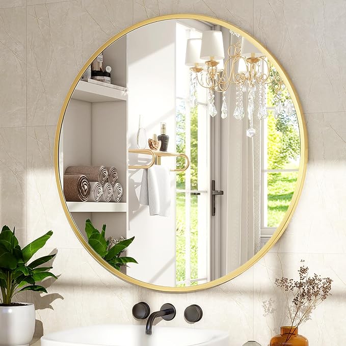 XRAMFY 24 Inch Round Mirror - Circle Mirrors for Bathroom, Entryway and Living Room Wall Decor, Modern Hanging Vanity Mirror, Matte Gold Circle Decorative Wall Mirror